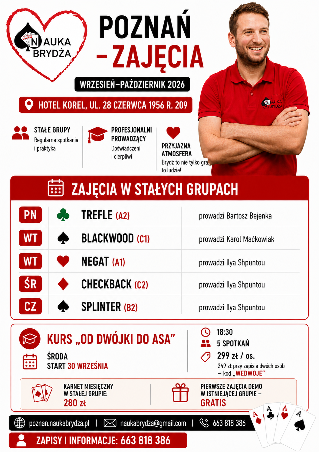 Harmonogram zajęć Nauka Brydża Poznań, wrzesień-październik 2026